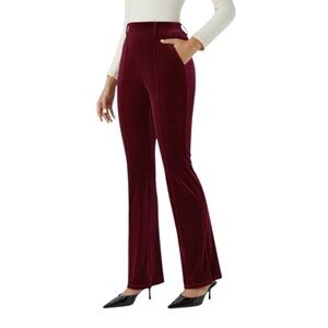 Halara Small High Waisted Side Pocket Slight Flare Velvet Work Pants Deep Red